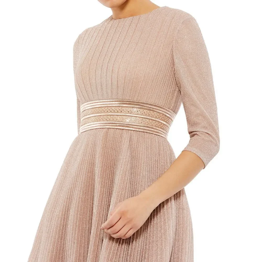 Mac Duggal 30750 Dress Shimmering 3/4 Sleeve Pleated A-Line Midi Rose Gold NWT 0
